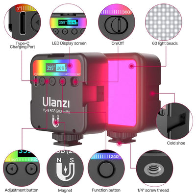 ULANZI VL49 RGB Video, LED Camera Light 360° Full Color Portable Photography Lighting with 3 Cold Shoe, 2000mAh Rechargeable CRI 95+ 2500-9000K Dimmable Panel Lamp Support, Black