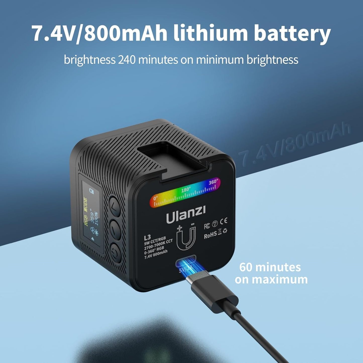 ULANZI L3 RGB LED Video Light, Waterproof Camera Lighting Kit 2700K-7000K Mini Cube COB Light Dimmable Fill Magnetic Photography Light with Fresnel Lens Cold Shoe for Smartphone,Action,DSLR Camera