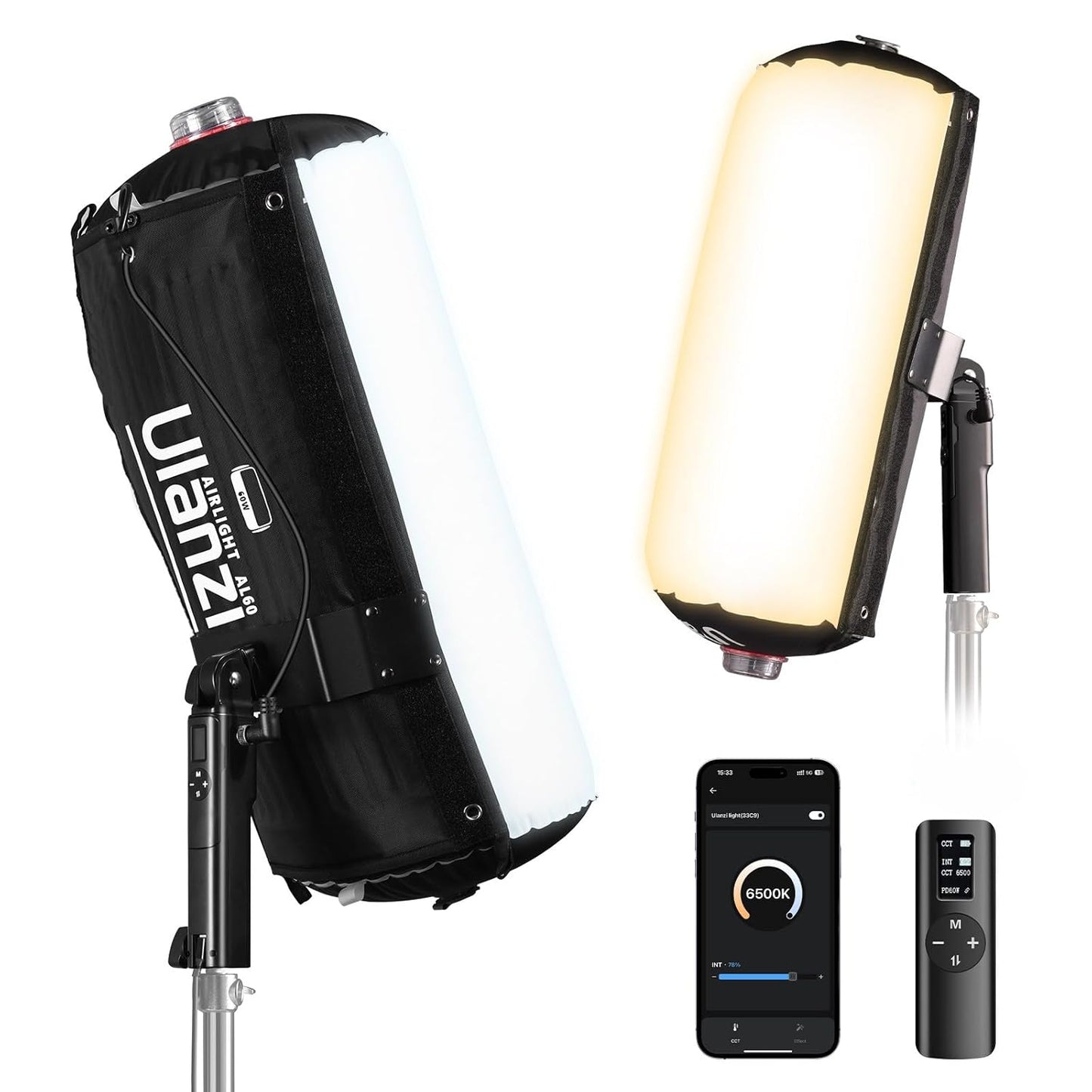 Ulanzi AL60 Inflatable LED Tube Light | 2700K–6500K Bi-Color | CRI≥96 Soft Light | Remote Control | Portable for Photography, YouTube, Live Streaming (No Adapter/Power Bank)