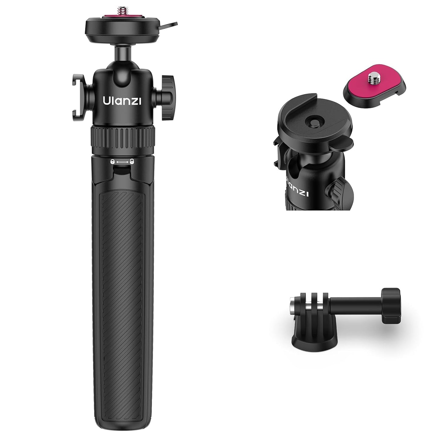 ULANZI MT90 Action Camera Tripod Stand Vlog Handle Grip with Quick Release, Ball Head & Cold Shoe, Camera Desktop Tripod for Action Cameras & Small Cameras