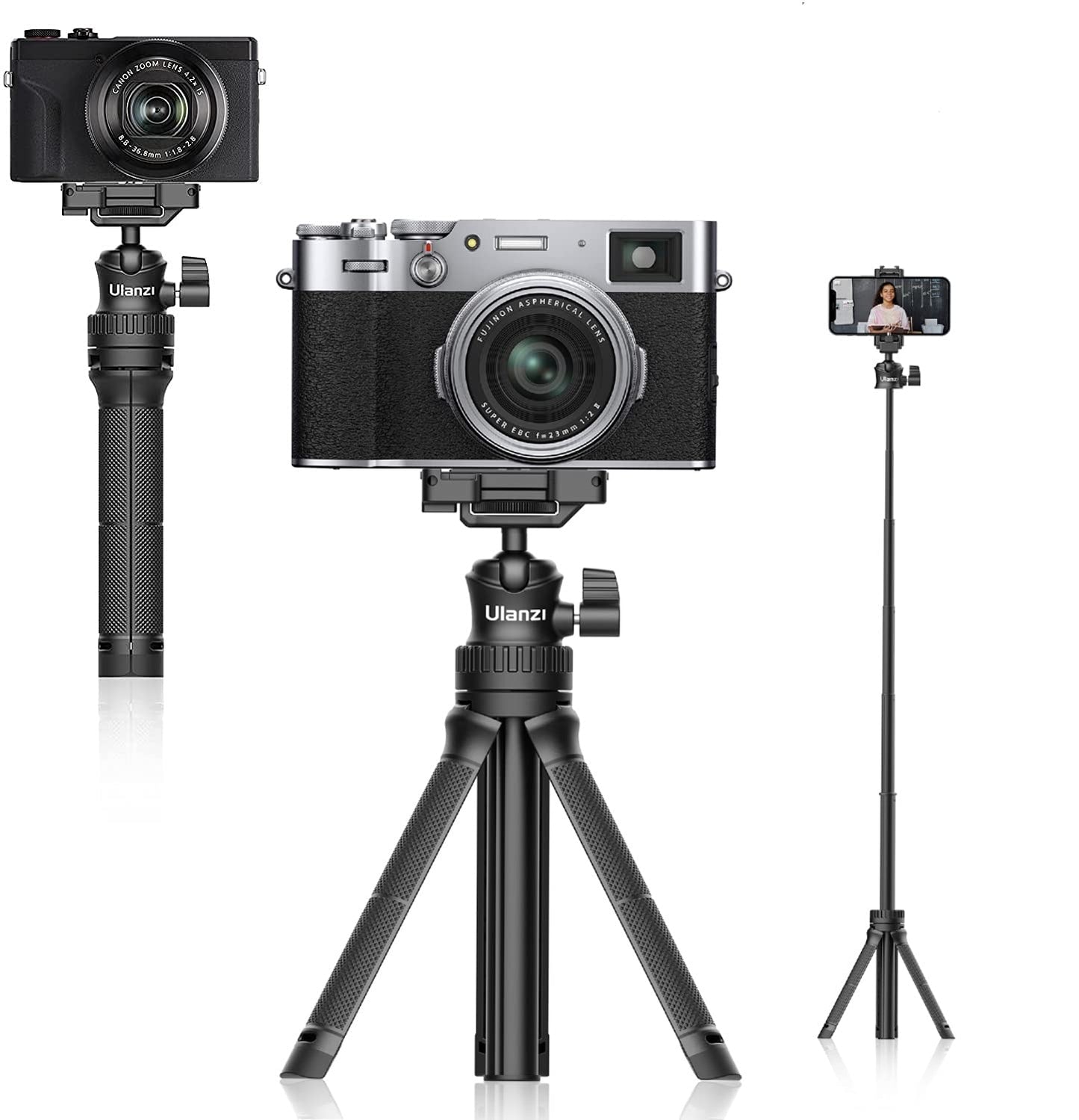 ULANZI MT-34 Extendable Pole Tripod, Selfie Stick with 2 in 1 Phone Clamp, Handle Grip 1/4" Universal Screw, Compatible iPhone 11 Pro Max XS Max X 8 7 Samsung Canon Nikon Sony Cameras, Black