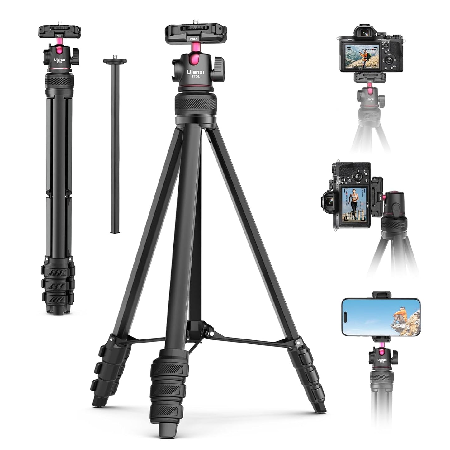 ULANZI Select TT51 Portable Tripod Stand I 360° Rotable Ball Head I Hidden Cold Shoe Phone Holder I 600g Lightweigt I 1.38m/51in Long I 5 Section Extenable Vlog Tripod