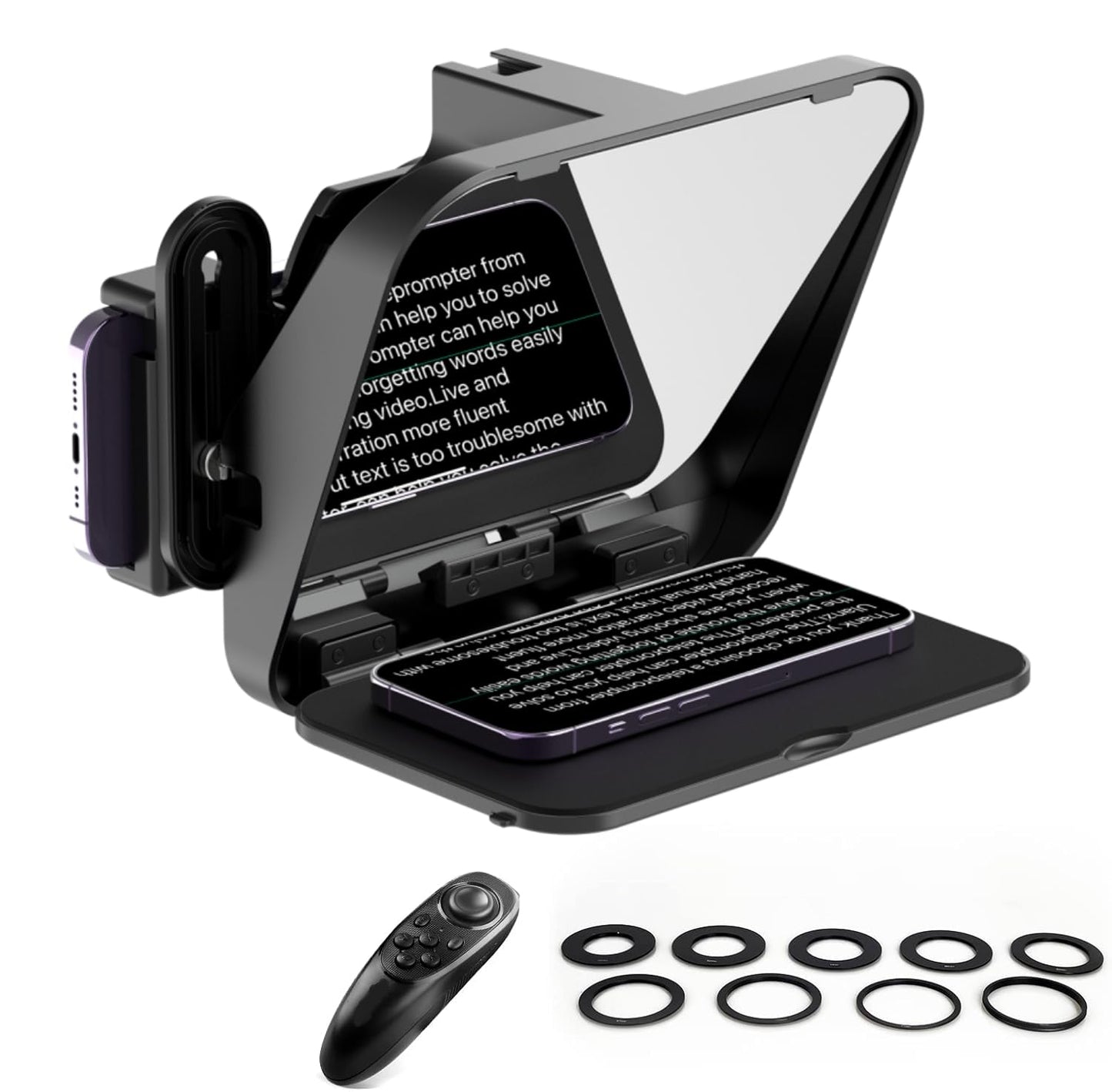 ULANZI RT02 Universal Teleprompter for Tablets, Smartphones and Cameras with Remote Control and 5 Camera Lens Adapter Rings with Cold Shoe Mount and 1/4" Threaded Hole