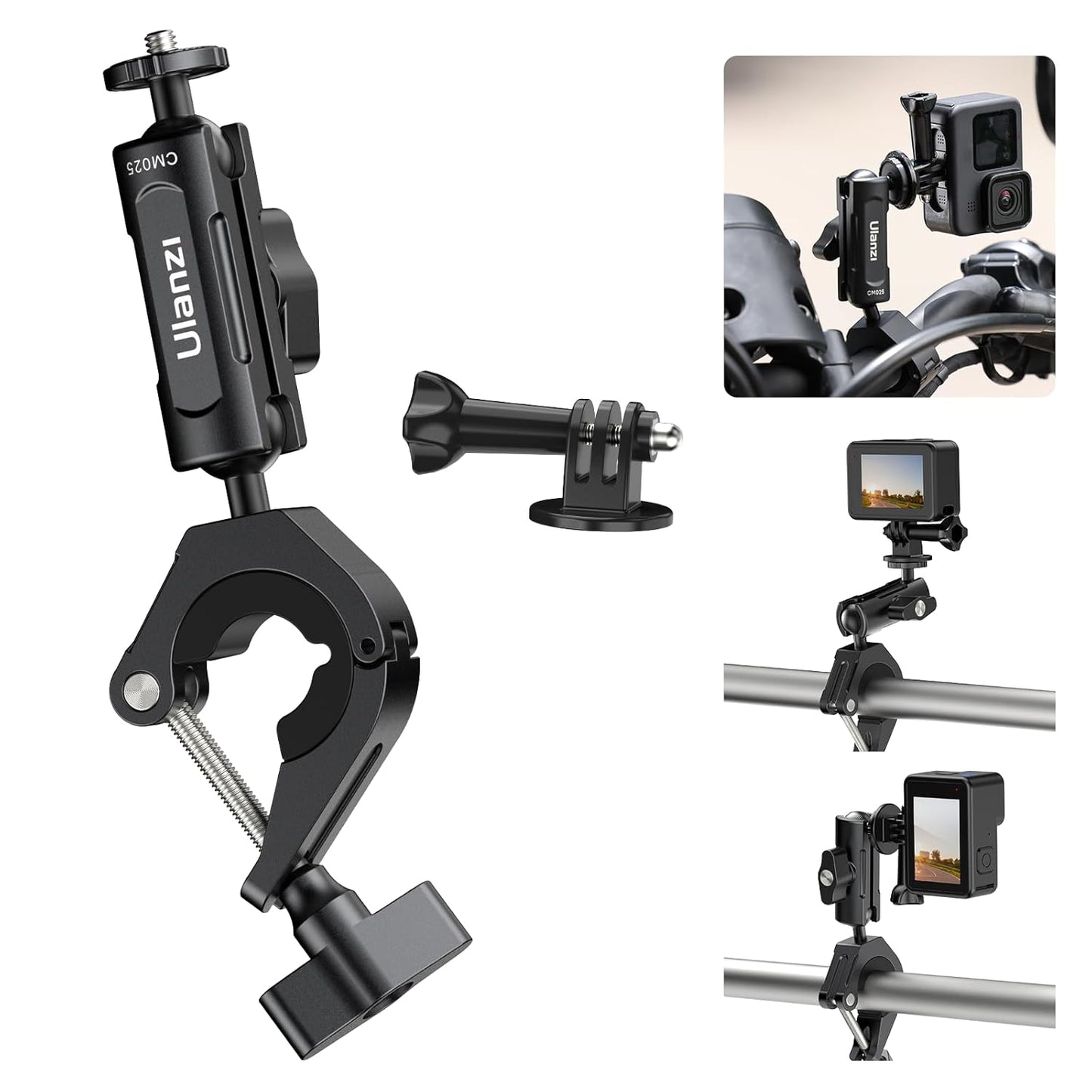 ULANZI 360°Motorcycle Camera Mount for GoPro Bike Holder Handlebar Mount Bracket w GoPro Adpter for Hero10/9/8/7/6/5/4/3 Action Cameras Accessory ?8~35mm (Fits Bicycle Utv Motorcycle Handlebar Holder)