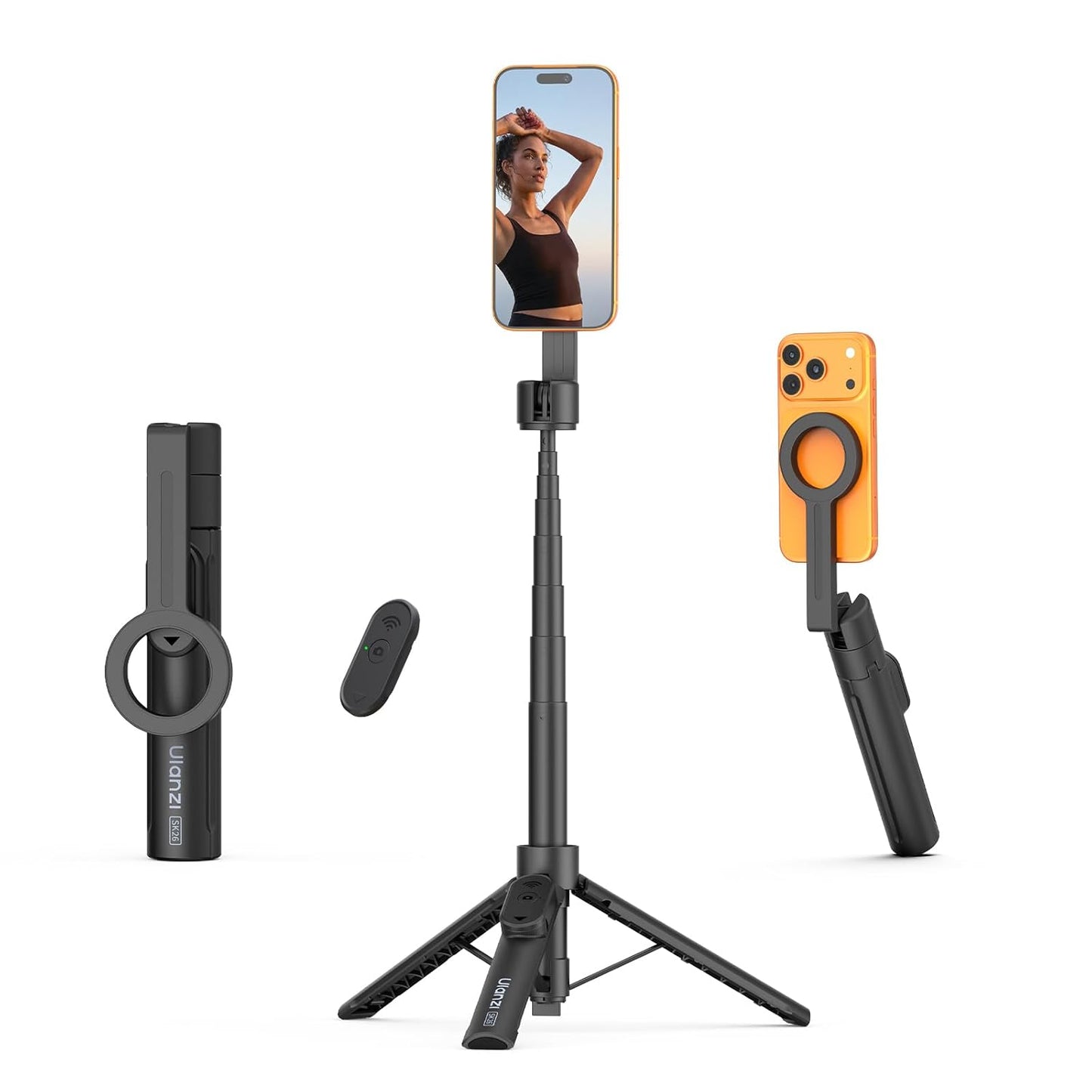 ULANZI SK26 Magnetic Phone Tripod 44.5‘’, 2-in-1 Selfie Stick Tripod Stand with Remote 33Ft, Portable Magnet Extendable Cell Phone Tripod Stand for Vlog/Travel/Video Recording/Streaming/Selfies