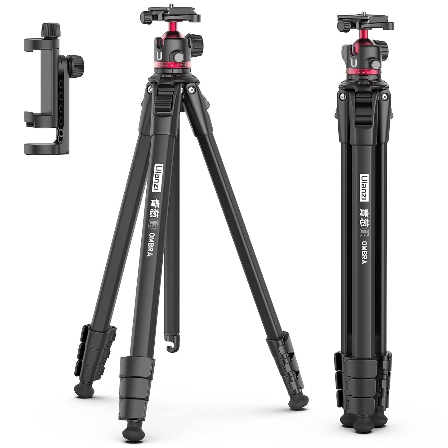 ULANZI MT-55 Ombra Travel Tripod, 62.2 Professional Camera Tripod, Aluminum, Max Load 17.6 LB, 360° Ball Head, Quick Release Plate, Phone Holder Included, Black