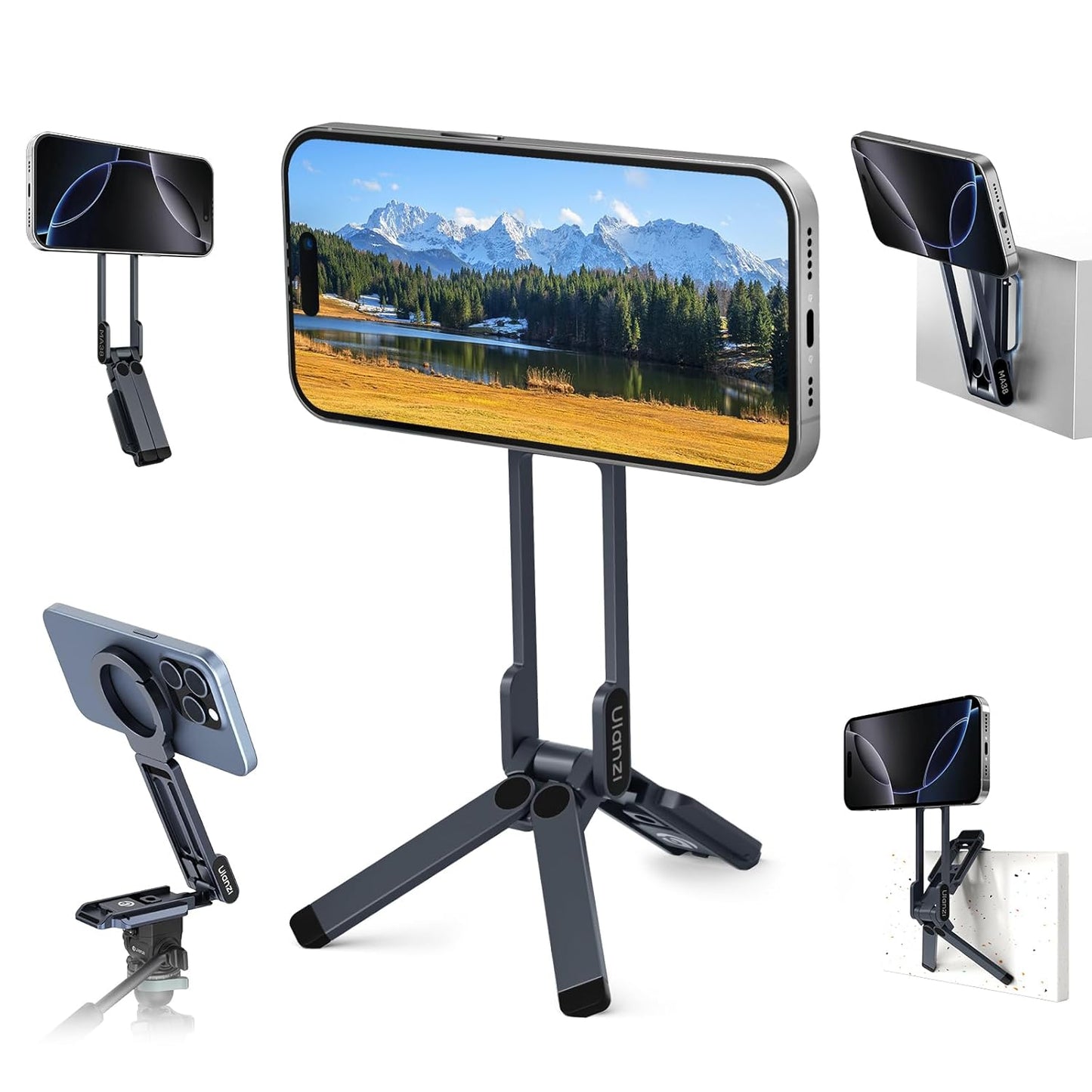 ULANZI MA38 Magnetic Phone Tripod for iPhone, Portable Phone Holder Mini Tripod for Magsafe with Double-Sided 1/4'' Screw Arca Uka Port Foldable Hook for iPhone 17/16/15/14/13/12, Travel Vlog Black