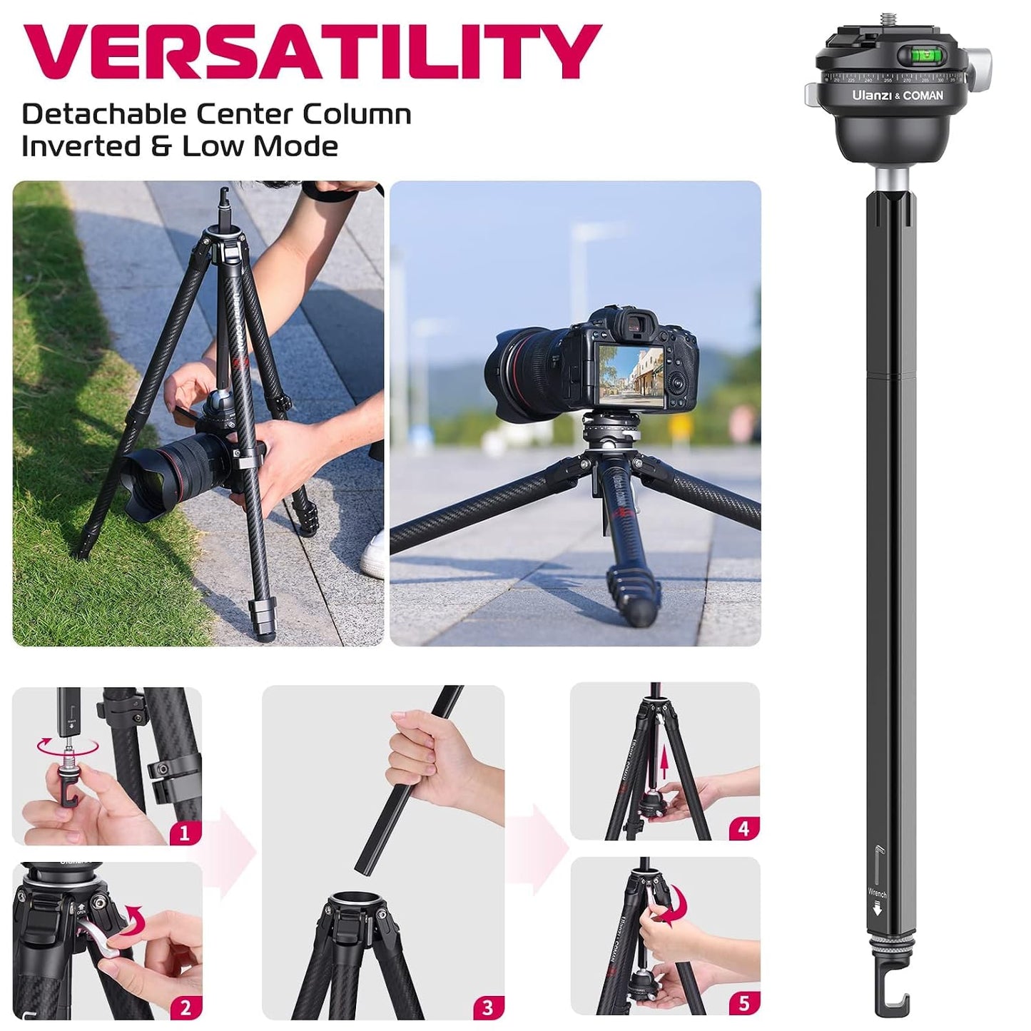 ULANZI Zero F38 Professional Camera Tripod, 62.6" Lightweight Carbon Fiber Camera Tripod with Quick Release 1/4" Screw & 360° Ballhead, for Most Cameras/DSLR/Projector, Weight 2.4lbs, Maxload 39.6lbs