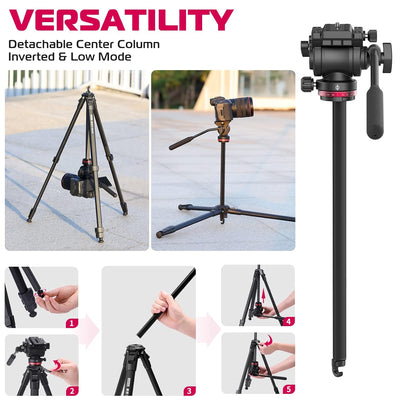 ULANZI MT-56 Ombra Black Aluminum Alloy 63" Professional Camera Tripod with Fluid Pan-tilt Head, Max Load 13.2 LB for DSLR, Compatible with Nikon, Canon, Smartphone, Phone Holder Included