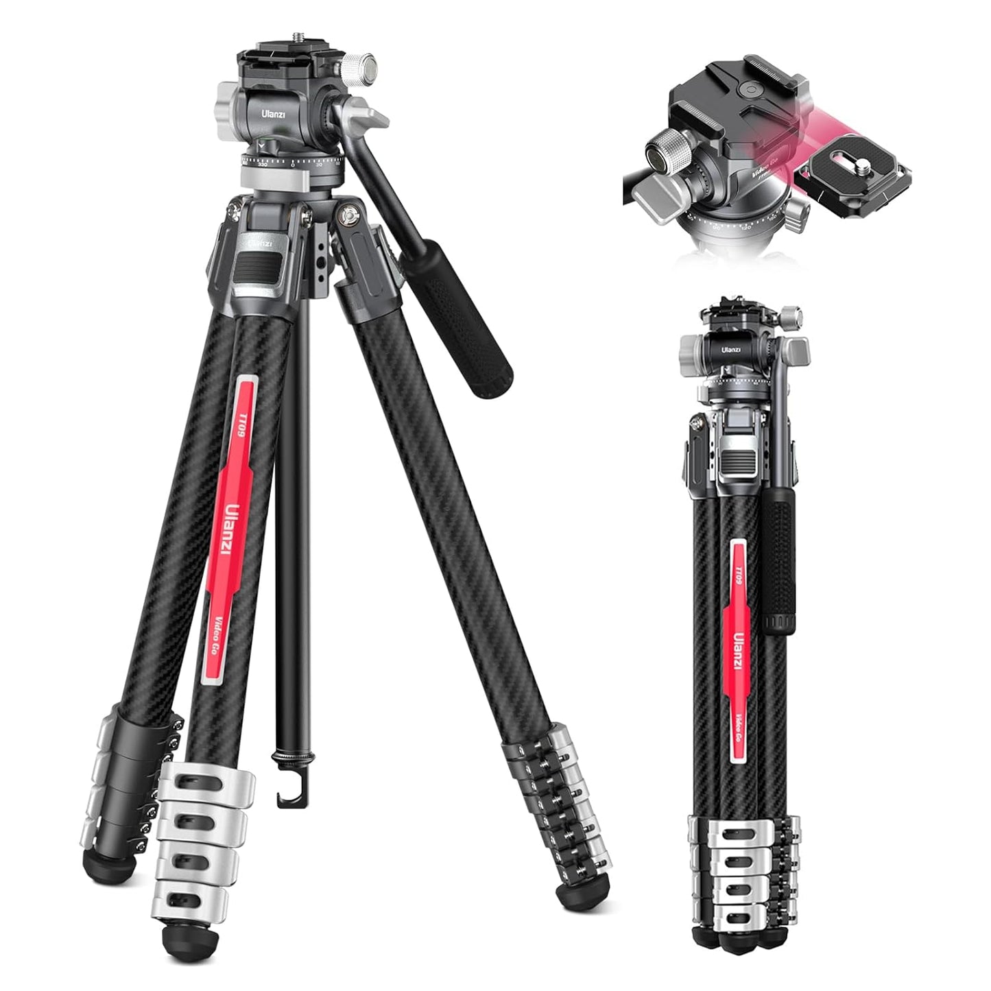 Ulanzi TT09 VideoGo Travel Tripod, 55.91" Carbon Fiber Camera Tripod with Arca QR & 360° Ballhead & Handle, Compact Lightweight Tripod for Photography/Video Shooting, for Most Cameras/DSLR/Projector