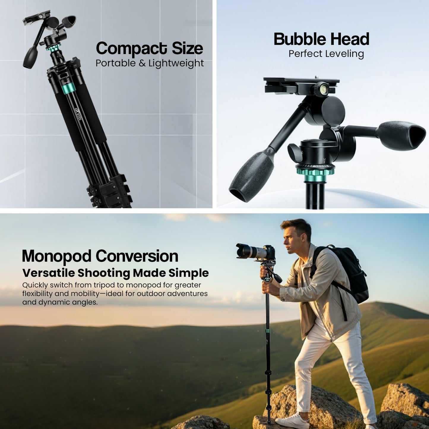 HIFFIN HF-999 Professional Portable Magnesium Aluminum Alloy Tripod Monopod with Detachable Ball Head and Pocket for Digital Camera and Camcorder (Black) (Professional Tripod with Monopod)