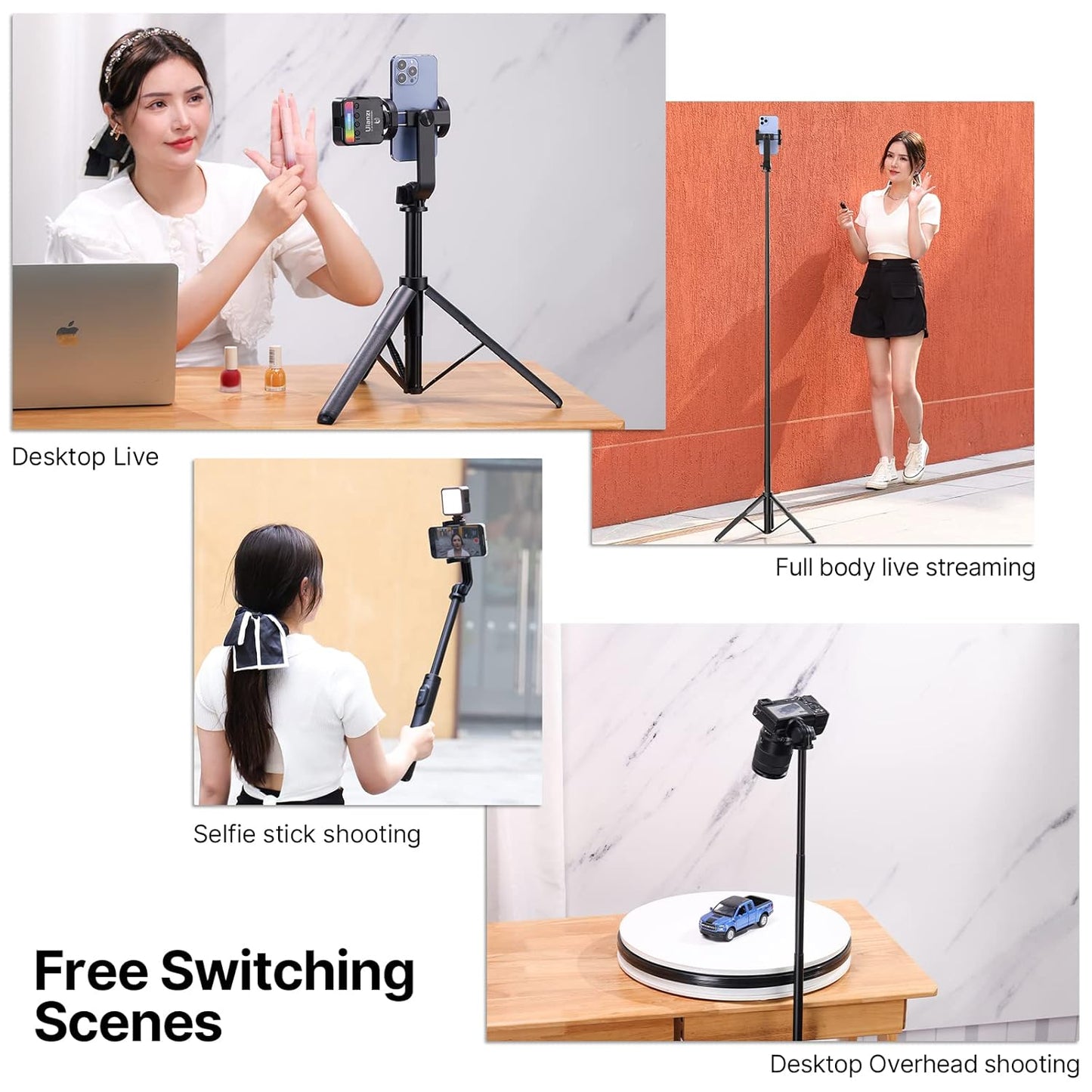 ULANZI 1.6 Meter Selfie Stick SK-03 3 in 1 Stable Phone Stand for Smartphone/Camera/Gopro, Extendable Phone Tripod with Detachable Remote, Compatible with iPhone/Galaxy/Huawei, Etc.