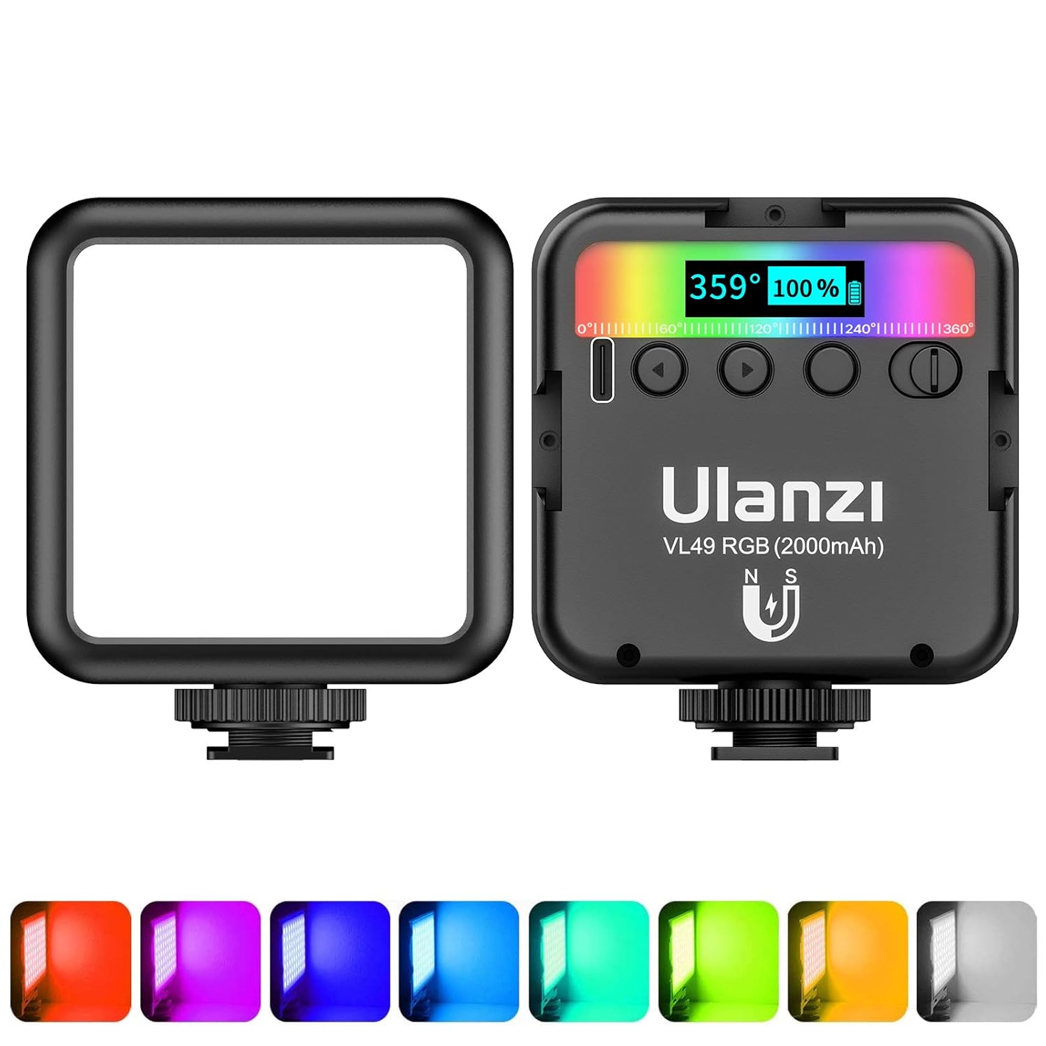 ULANZI VL49 RGB Video, LED Camera Light 360° Full Color Portable Photography Lighting with 3 Cold Shoe, 2000mAh Rechargeable CRI 95+ 2500-9000K Dimmable Panel Lamp Support, Black