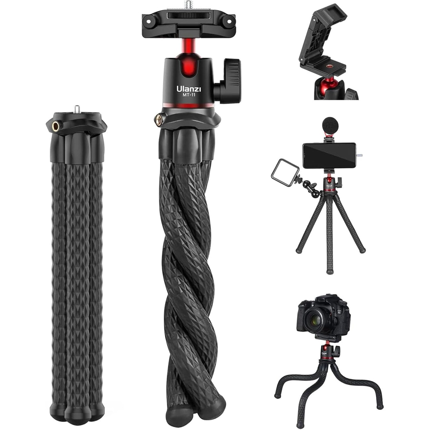 ULANZI Camera Tripod, Mini Flexible Tripod Stand with Hidden Phone Holder w Cold Shoe Mount, 1/4'' Screw for Magic Arm, Universal for iPhone 11 Pro Max XS Max X 8 7 Samsung Canon Nikon Sony Cameras