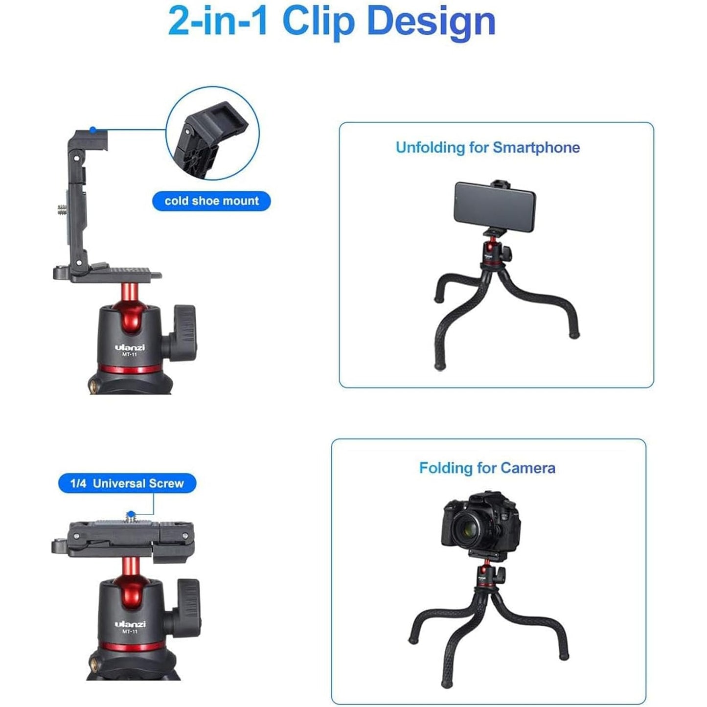 ULANZI Camera Tripod, Mini Flexible Tripod Stand with Hidden Phone Holder w Cold Shoe Mount, 1/4'' Screw for Magic Arm, Universal for iPhone 11 Pro Max XS Max X 8 7 Samsung Canon Nikon Sony Cameras