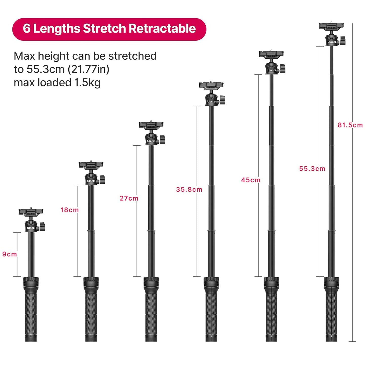 ULANZI MT-34 Extendable Pole Tripod, Selfie Stick with 2 in 1 Phone Clamp, Handle Grip 1/4" Universal Screw, Compatible iPhone 11 Pro Max XS Max X 8 7 Samsung Canon Nikon Sony Cameras, Black