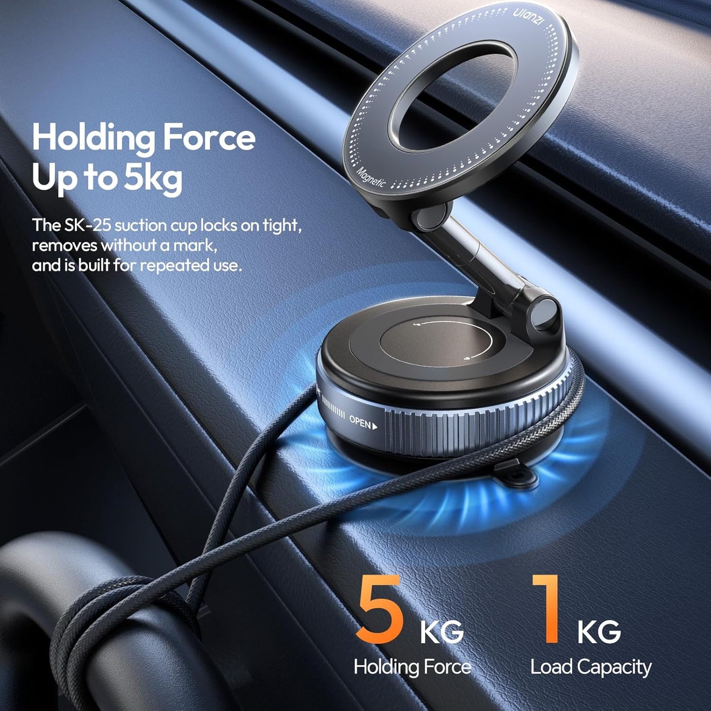ULANZI SK-25 Car Phone Holder for Magsafe, Vacuum Suction Cup Magnetic Phone Mount, 360° Adjustable MagMount for Car/Ceramic Tile/Gym/Mirror, Load up to 1kg, Magnetic Force ≥14N（Black）