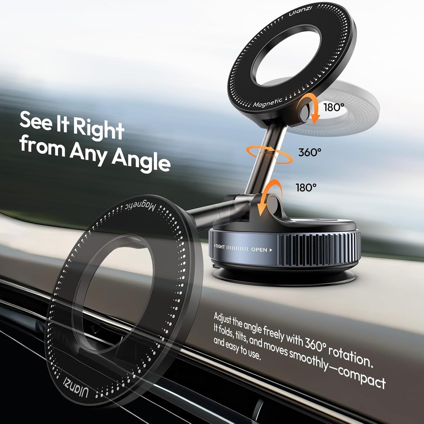 ULANZI SK-25 Car Phone Holder for Magsafe, Vacuum Suction Cup Magnetic Phone Mount, 360° Adjustable MagMount for Car/Ceramic Tile/Gym/Mirror, Load up to 1kg, Magnetic Force ≥14N（Black）