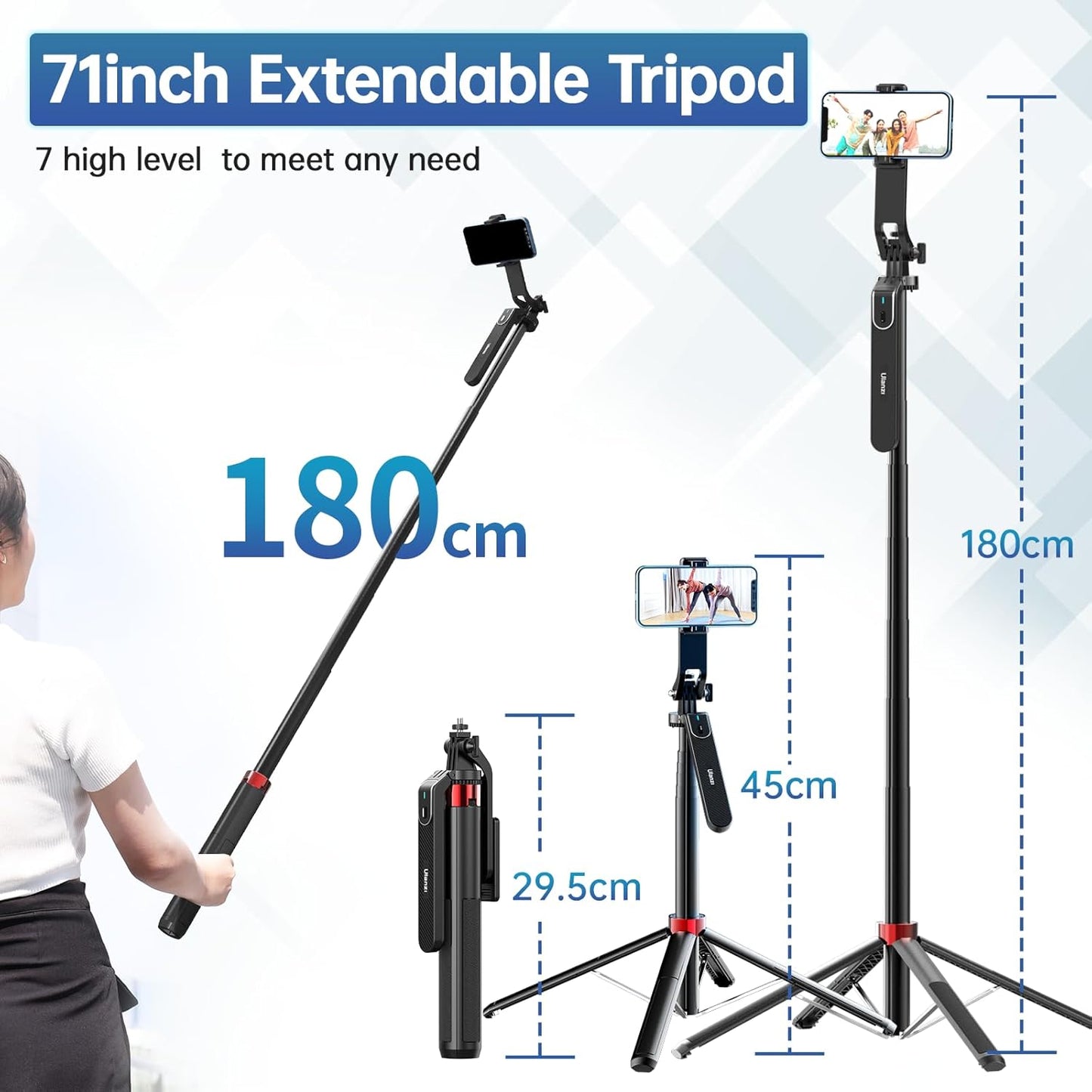 ULANZI MA09 Extendable Phone Tripod, 71" Selfie Stick Phone Vlog Tripod Stand Quadrapod with All in 1 Phone Clip, Travel Tripod Phone Holder with Rechargeable Remote for iPhone Sony Canon GoPro