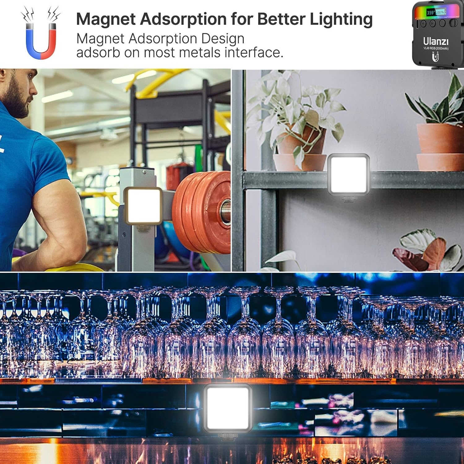 ULANZI VL49 RGB Video, LED Camera Light 360° Full Color Portable Photography Lighting with 3 Cold Shoe, 2000mAh Rechargeable CRI 95+ 2500-9000K Dimmable Panel Lamp Support, Black