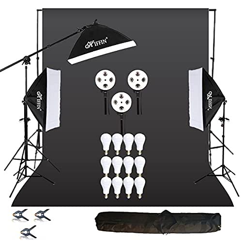 HIFFIN PRO Quadlux Mark III Soft Led Still & Video Light Softbox 3 Point Lighting Kit with Backdrop Stand, 9x10ft Photo Video Studio Muslin 1 x Curtain Black | Stand Backdrop Support System Kit