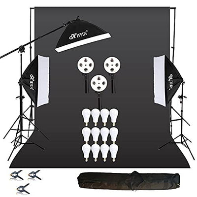 HIFFIN PRO Quadlux Mark III Soft Led Still & Video Light Softbox 3 Point Lighting Kit with Backdrop Stand, 9x10ft Photo Video Studio Muslin 1 x Curtain Black | Stand Backdrop Support System Kit