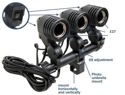 HIFFIN Photography Studio Swivel 3 Lamp Bulb Holder E27 Socket Flash Swivel Adapter for Photo Video Studio Softbox Video Light - Black
