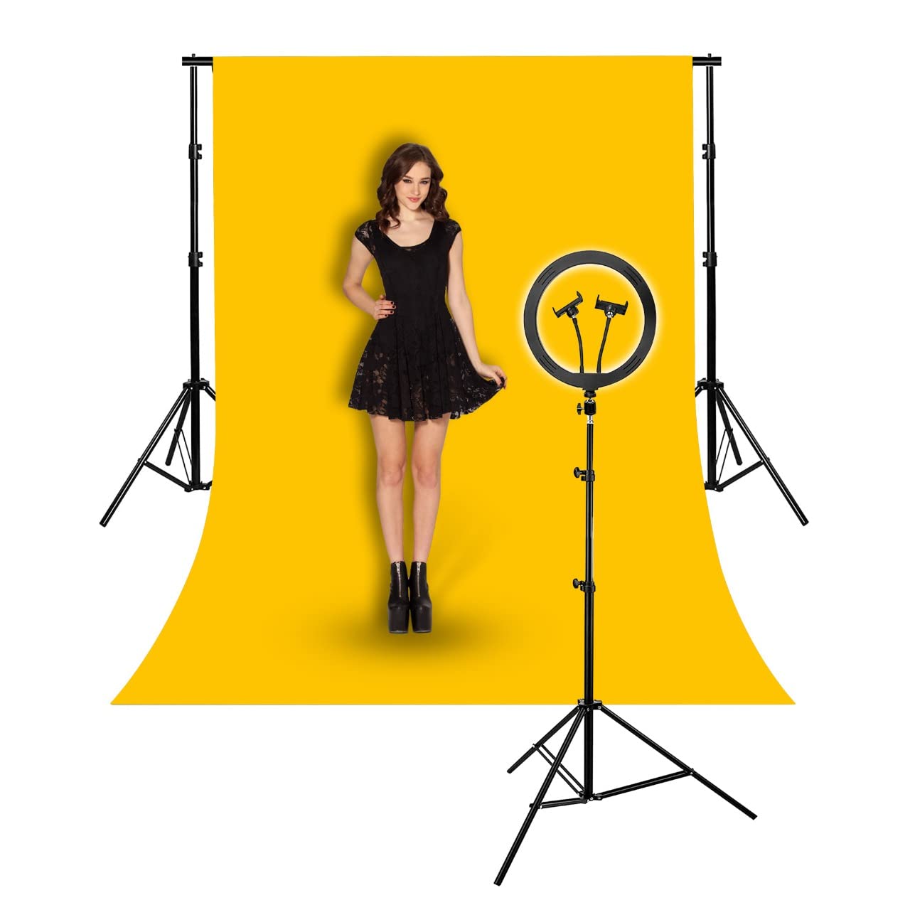 HIFFIN Yellow Screen Backdrop with Stand, 8ft x 12ft Wide Backdrop with 9ft x 10ft Wide 12 Inch Ring Light, 2 Mobiles Clip Option & 7ft Stand Adjustable Background Support System Kit