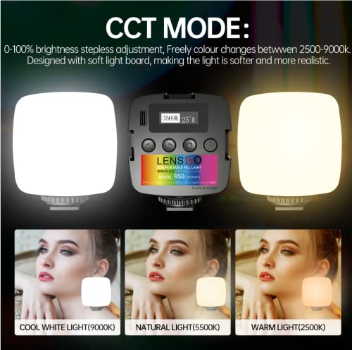 LENSGO R50 RGB Video Lights, Portable LED on Camera Light 360°Full Color for RGB Photography Lighting with 3 Cold Shoe, 2000mAh Rechargeable CRI 2500-9000K Dimmable LED Panel Lamp (Black)