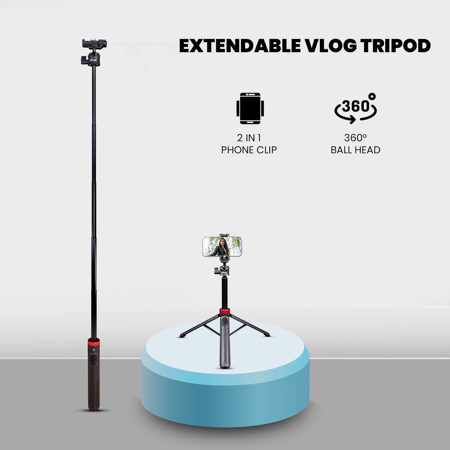HIFFIN HTR-44 Extendable Phone Tripod with Bluetooth Button, 44" Selfie Stick Tripod Stand with 2 in 1 Phone Clip, 360° Ball Head Camera Tripod for Smartphones and Cameras, Lightweight for Travel