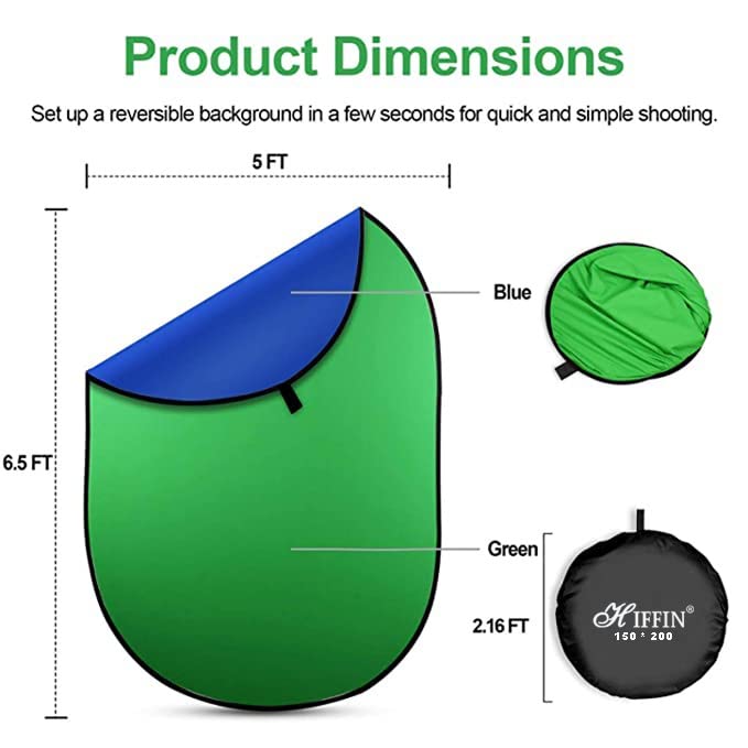 HIFFIN 2-in-1 Green|Blue 150CM X 200CM Photo Video Studio Collapsible Background Panel, Full Cotton Photography Background with Carrying Case (Green/Blue)