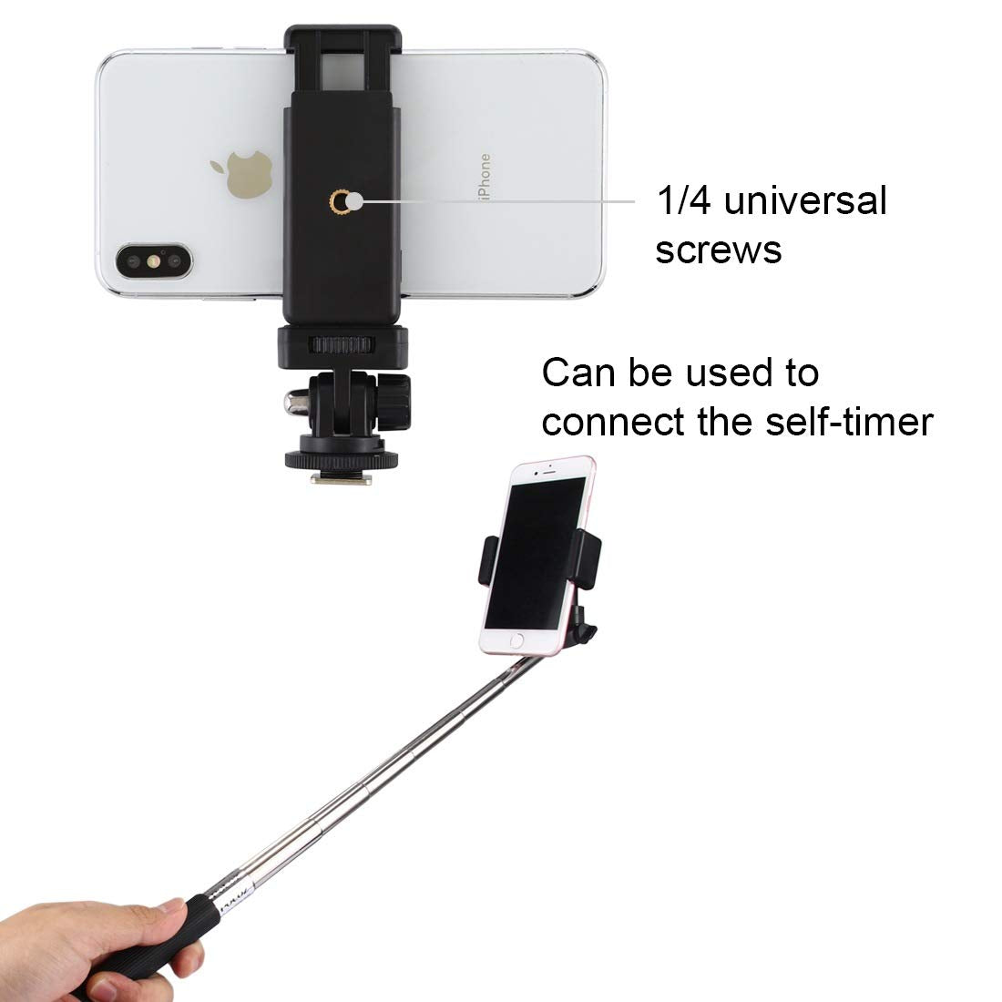 Hiffin Adjustable Angle Pole Swivel Hot Shoe Mount 1/4" Screw Hot Shoe Mount Adapter with Universal Mobile Phone Clip Holder for Mounting Video Camcorder Monitors
