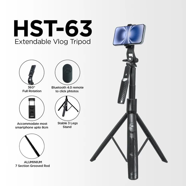 HIFFIN HST-63 Selfie Stick with Tripod Stand – 63 Inches Ultra-Long, Tri-Leg Reinforced Stability, 360° Rotatable Handle, Detachable Bluetooth Remote – Ultimate Gear for Vlogging, Cameras.
