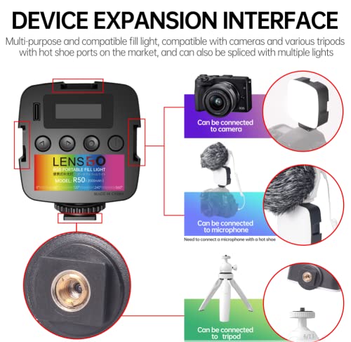 LENSGO R50 RGB Video Lights, Portable LED on Camera Light 360°Full Color for RGB Photography Lighting with 3 Cold Shoe, 2000mAh Rechargeable CRI 2500-9000K Dimmable LED Panel Lamp (Black)
