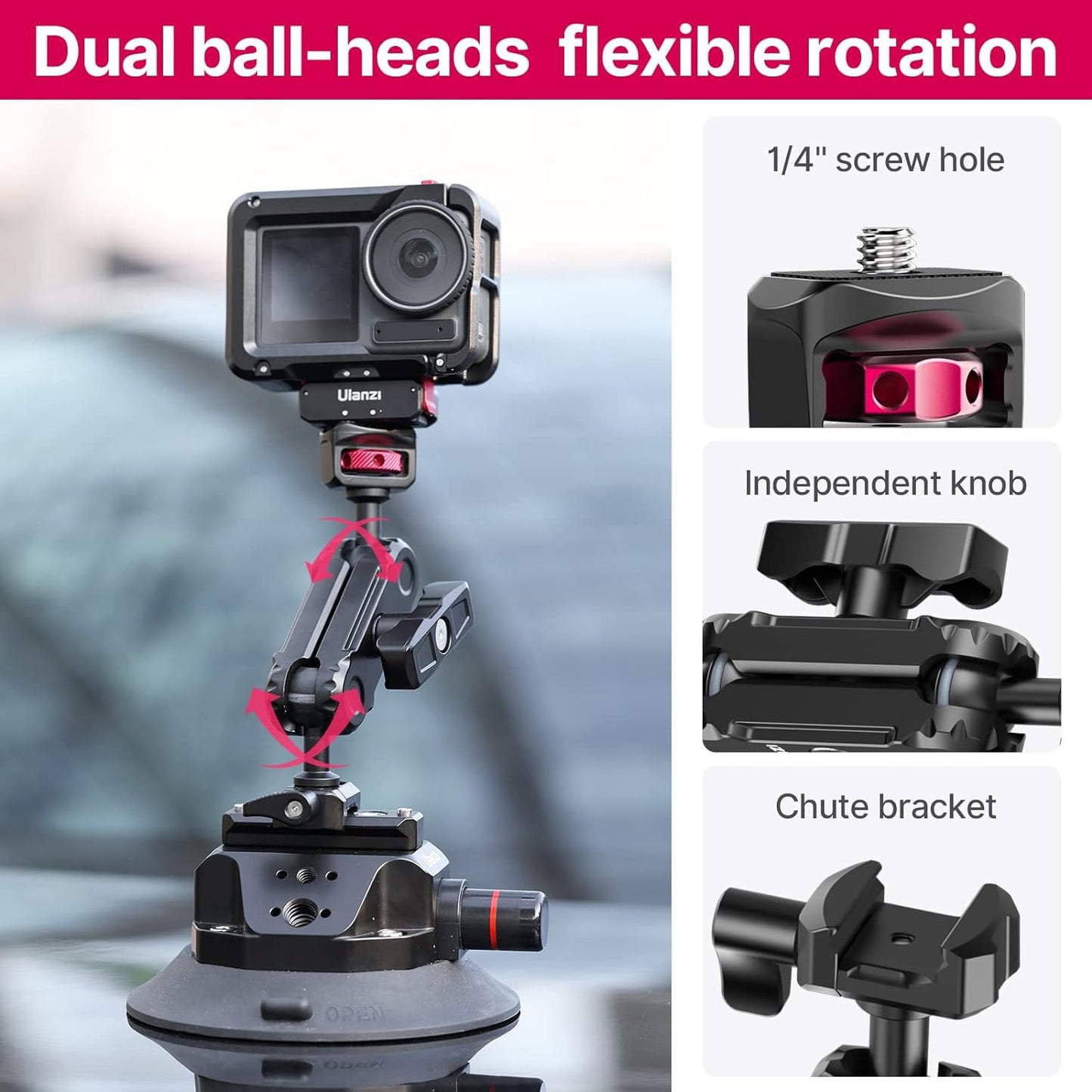 ULANZI SC-02 Suction Mount 4.5'', Magic Arm Bracket for DSLR Cameras Action Camera Video Shooting Filming, Compatible with DJI OSMO Pocket 3/Insta 360 x5/OSMO 360/Sony/Canon/Nikon/Xtra Action Cameras