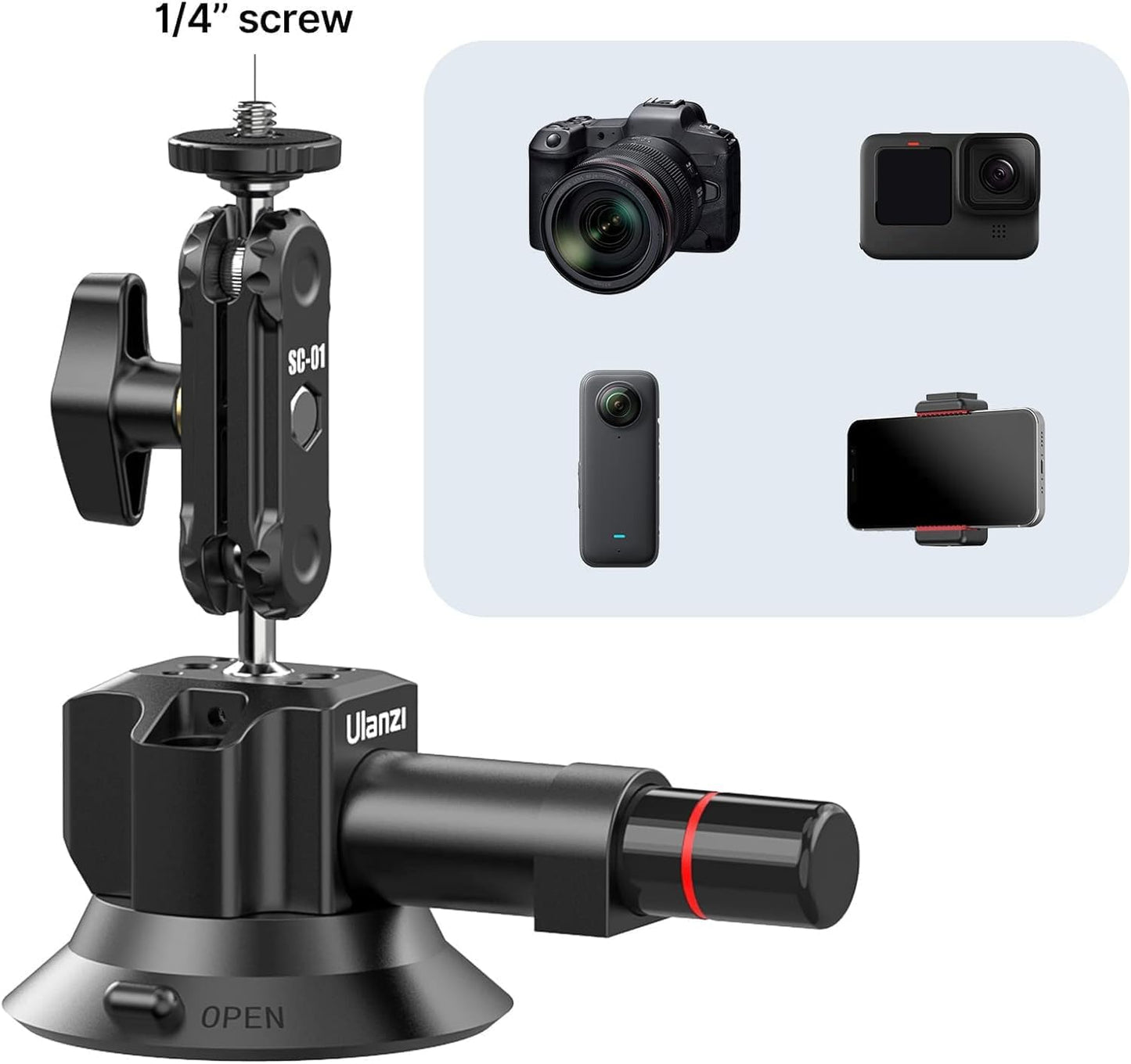 ULANZI SC-01 Suction Mount 3" for Vlogging Action Camera Car Mount w Smartphone Clamp for iPhone 14 13 Pro Max, 1/4" Magic Arm Adapter Mount Desk Suciton Mount for Car Windshield Window