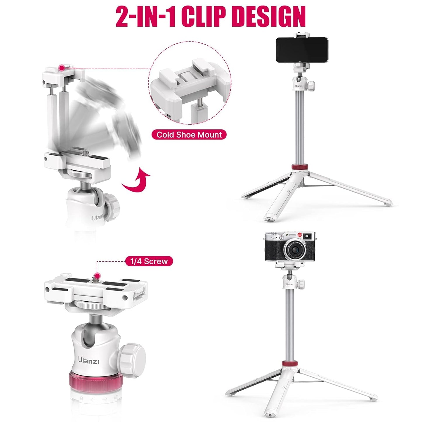 ULANZI MT-44 Extendable Phone Tripod, 44" Selfie Stick & 360° Ball Head Camera Tripod for iPhone, Sony, Canon, GoPro & More, White