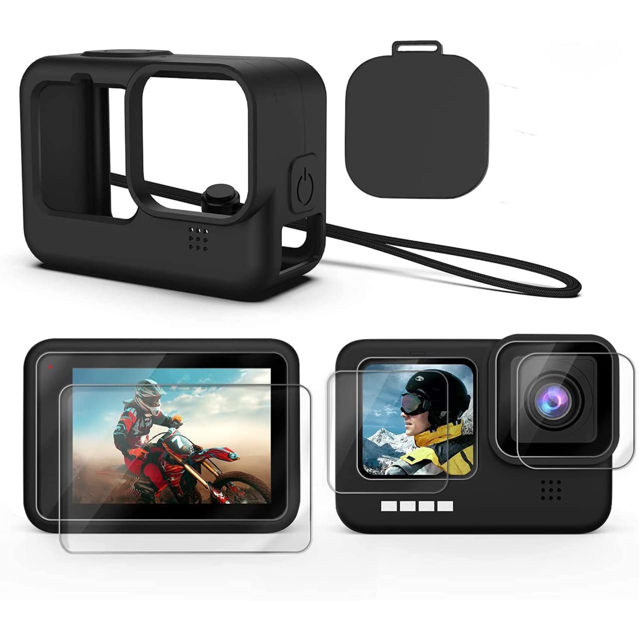 HIFFIN Silicone Lanyard Sleeve Protective Cover + 6PCS Tempered Glass Screen Guard with Silicone Lens Cover Compatible with Go pro Hero 11/10& 9 Black Action Camera Accessories (Black + Screen Guard)