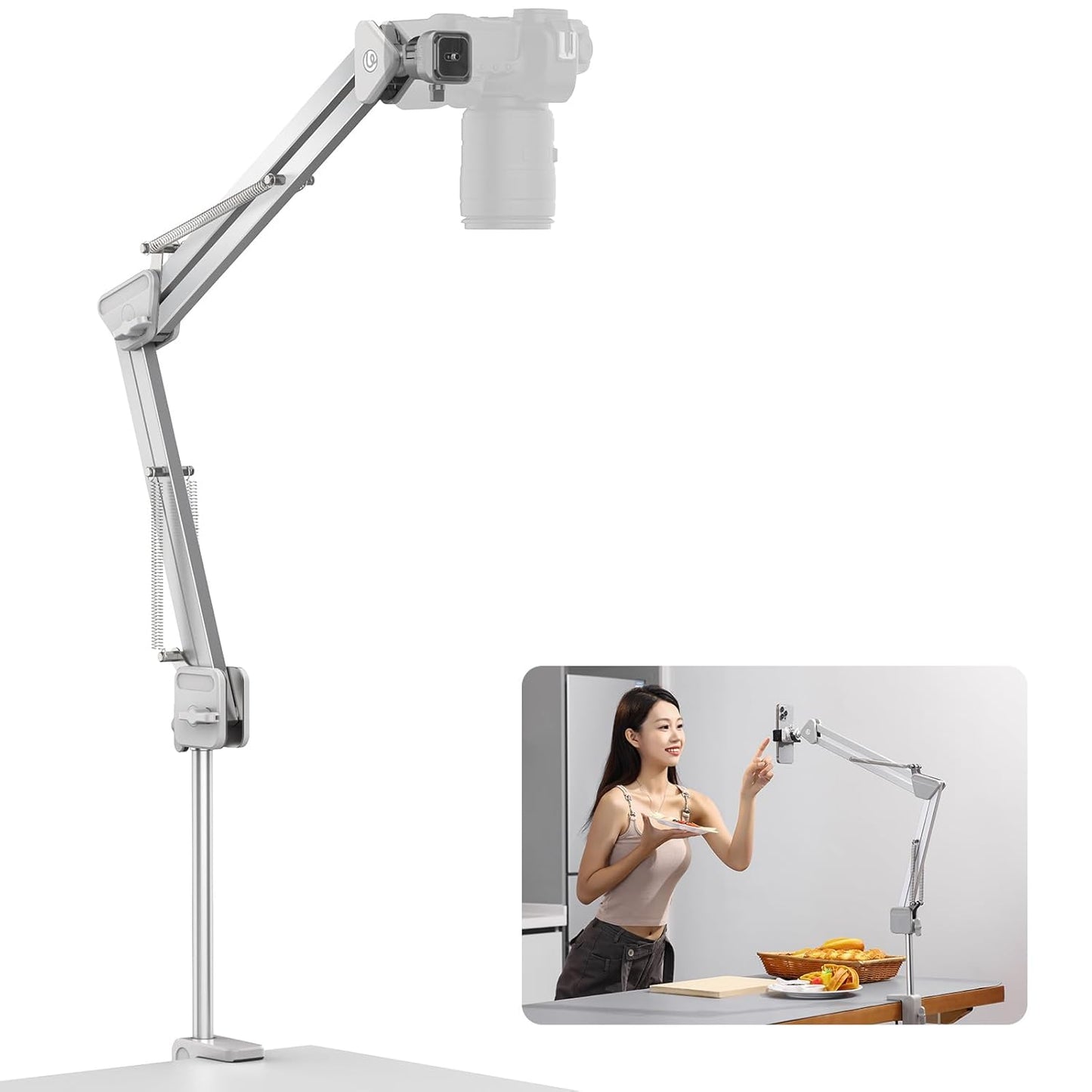 ULANZI TH04 Camera Overhead Tripod Mount, Flexible Microphone Boom Arm Light Stand Mounting Spring-Loaded Design Uka Quick Release Setup 360° Rotatable Ball Head Load Capacity 2kg