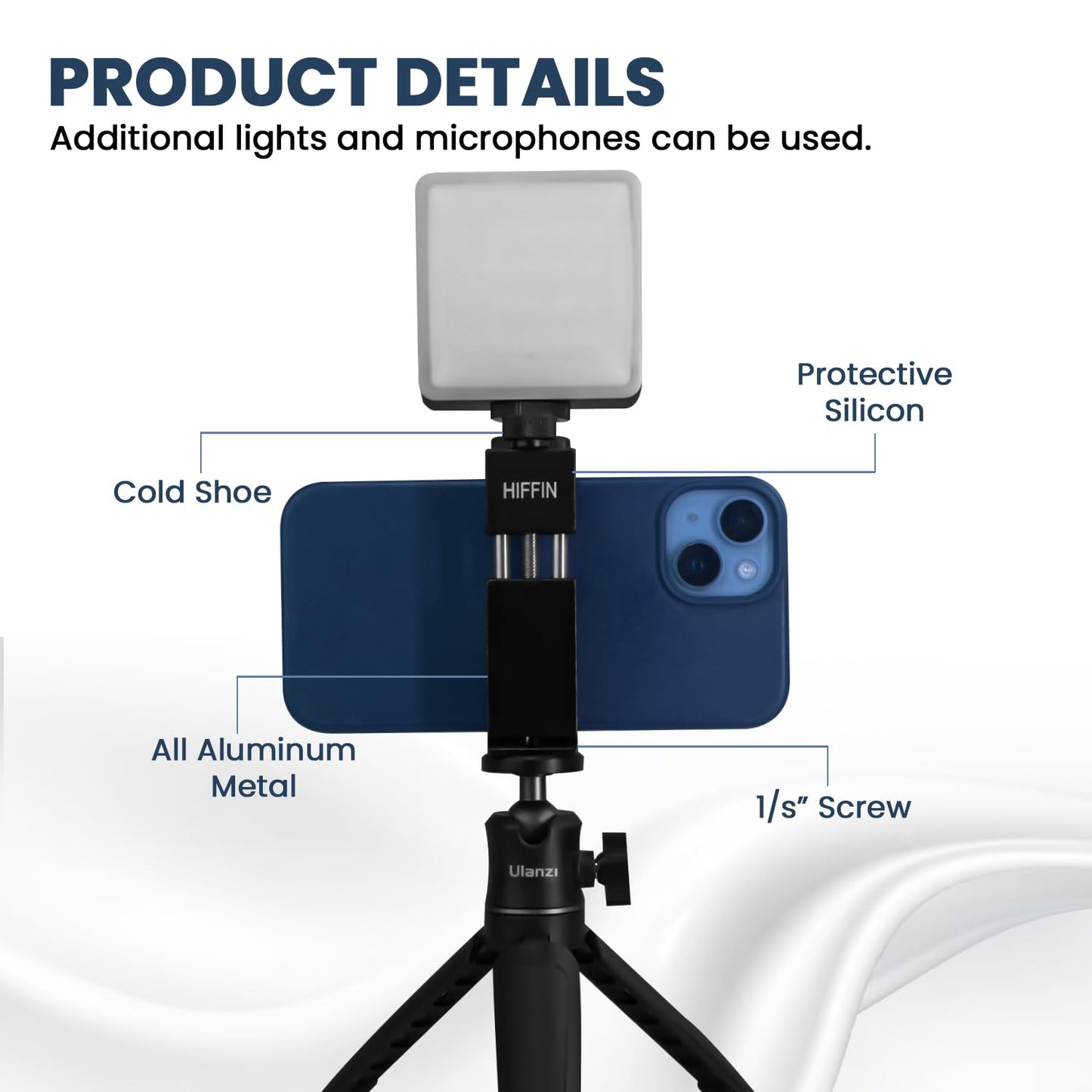 Hiffin HF-05 Aluminium Phone Tripod Mount with Cold Shoe, Adjustable Clamp for Vertical & Horizontal Shooting, Universal 1/4" Screw, Compatible with All Smartphones