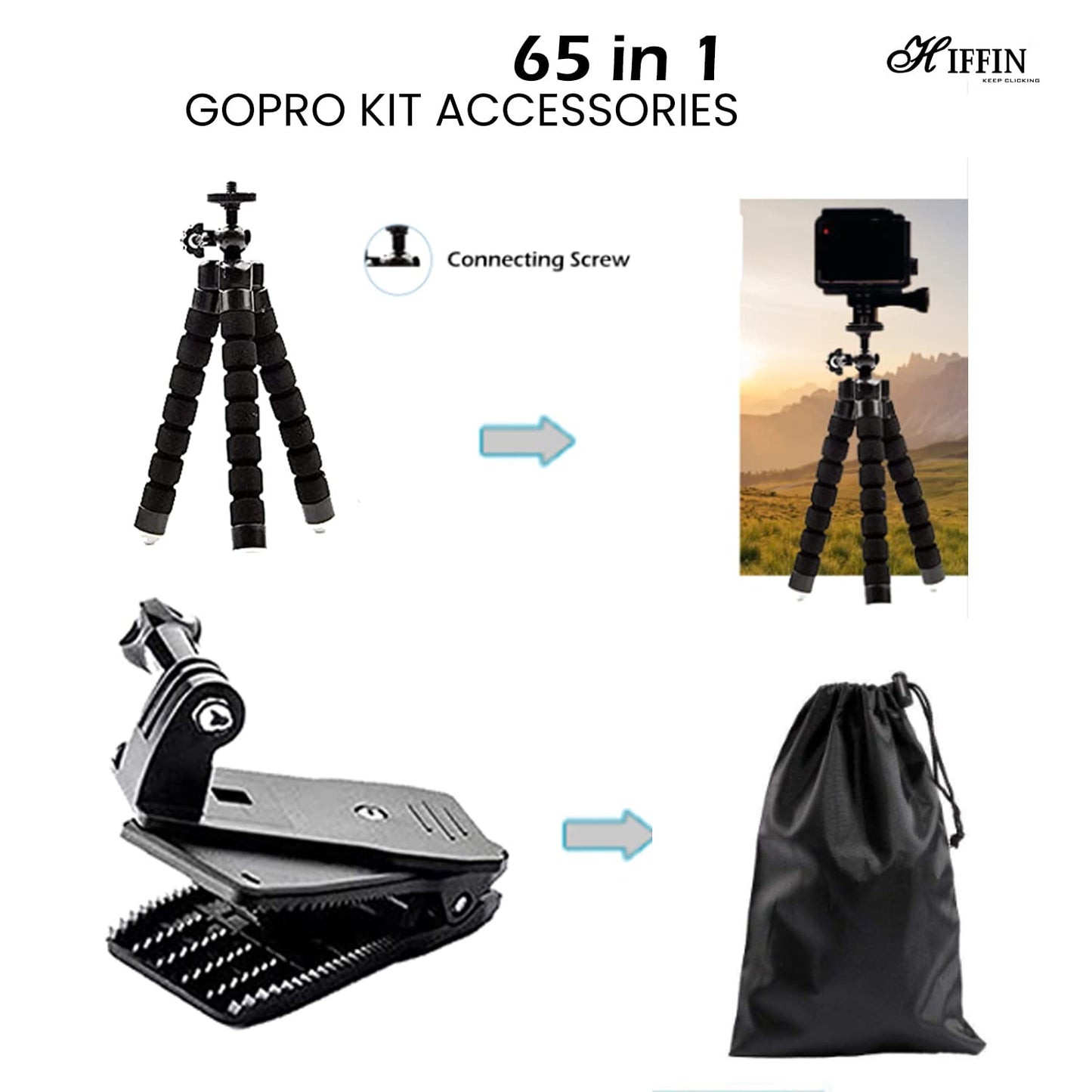 HIFFIN Branded 65 in 1 Compatible for GoPro, Sony Action Cam, Nikon, Garmin, Ricoh Action Cam, SJCAM, iPhone and Android | Epic Photo Shooting