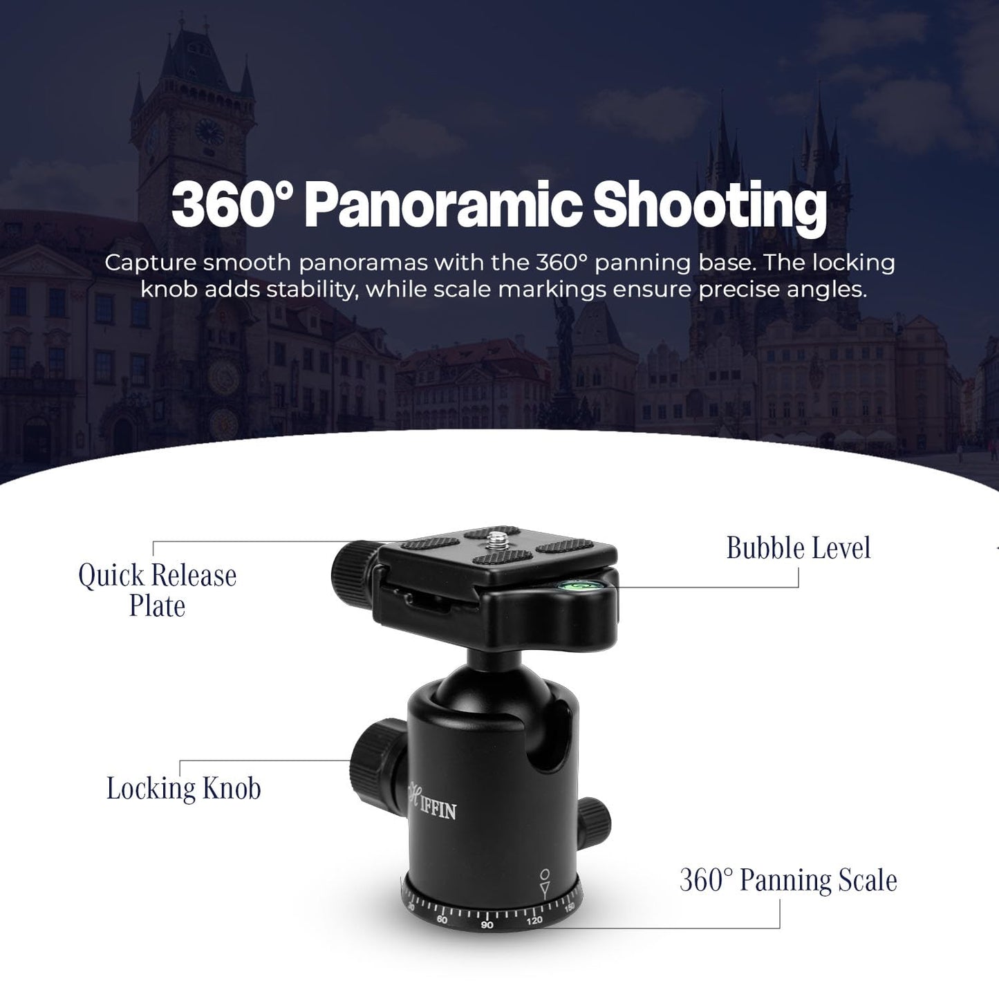 HIFFIN®Professional Metal 360 Degree Rotating Panoramic Ball Head with 1/4 inch Quick Release Plate and Bubble Level,up to 17.6pounds/8kilograms,for Tripod,Monopod,Slider,DSLR Camera,Camcorder