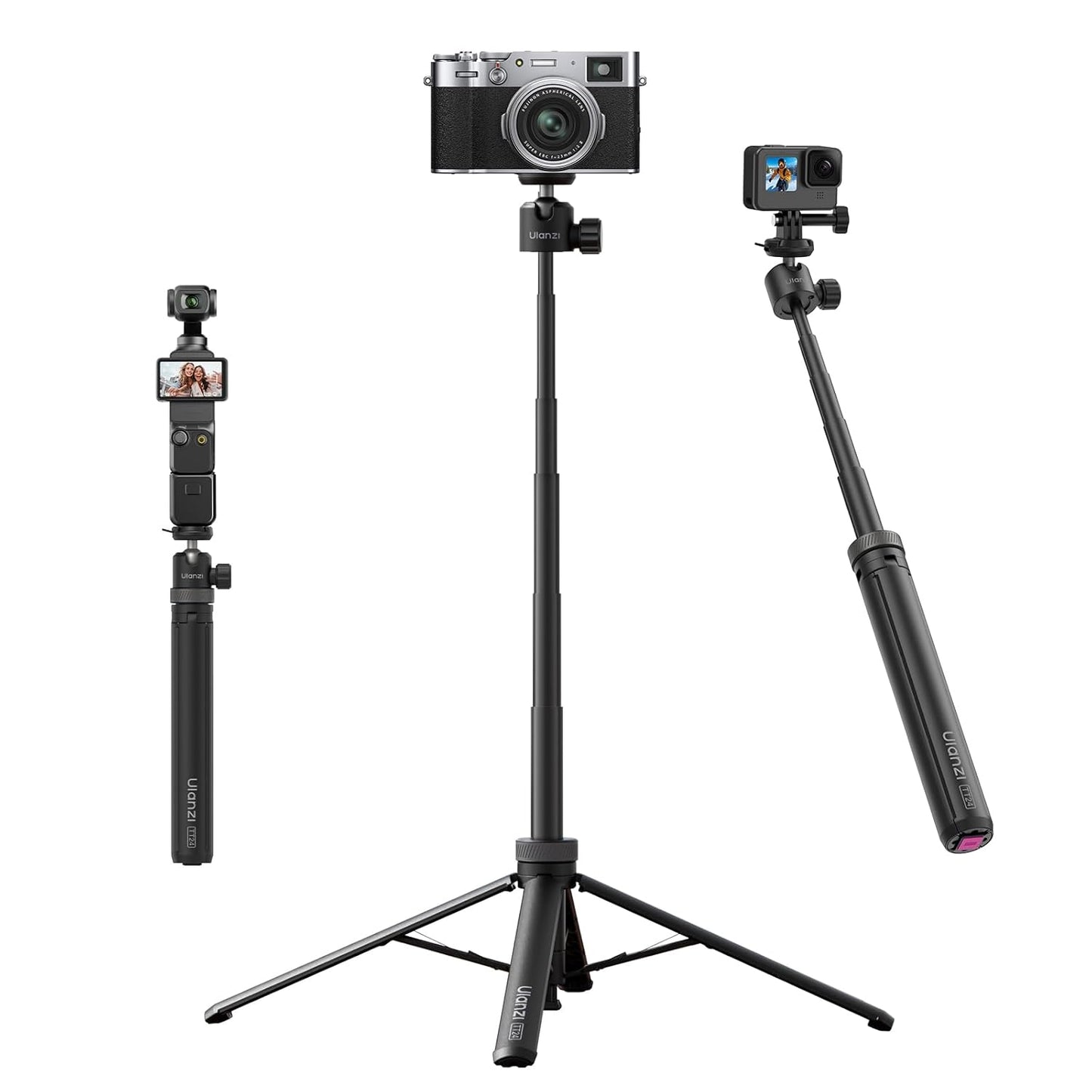 Upgrade ULANZI TT24 Selfie Stick Tripod with One-Touch Opening, 59" CKa Quick-Release Extension Pole Adjustable Handle Grip