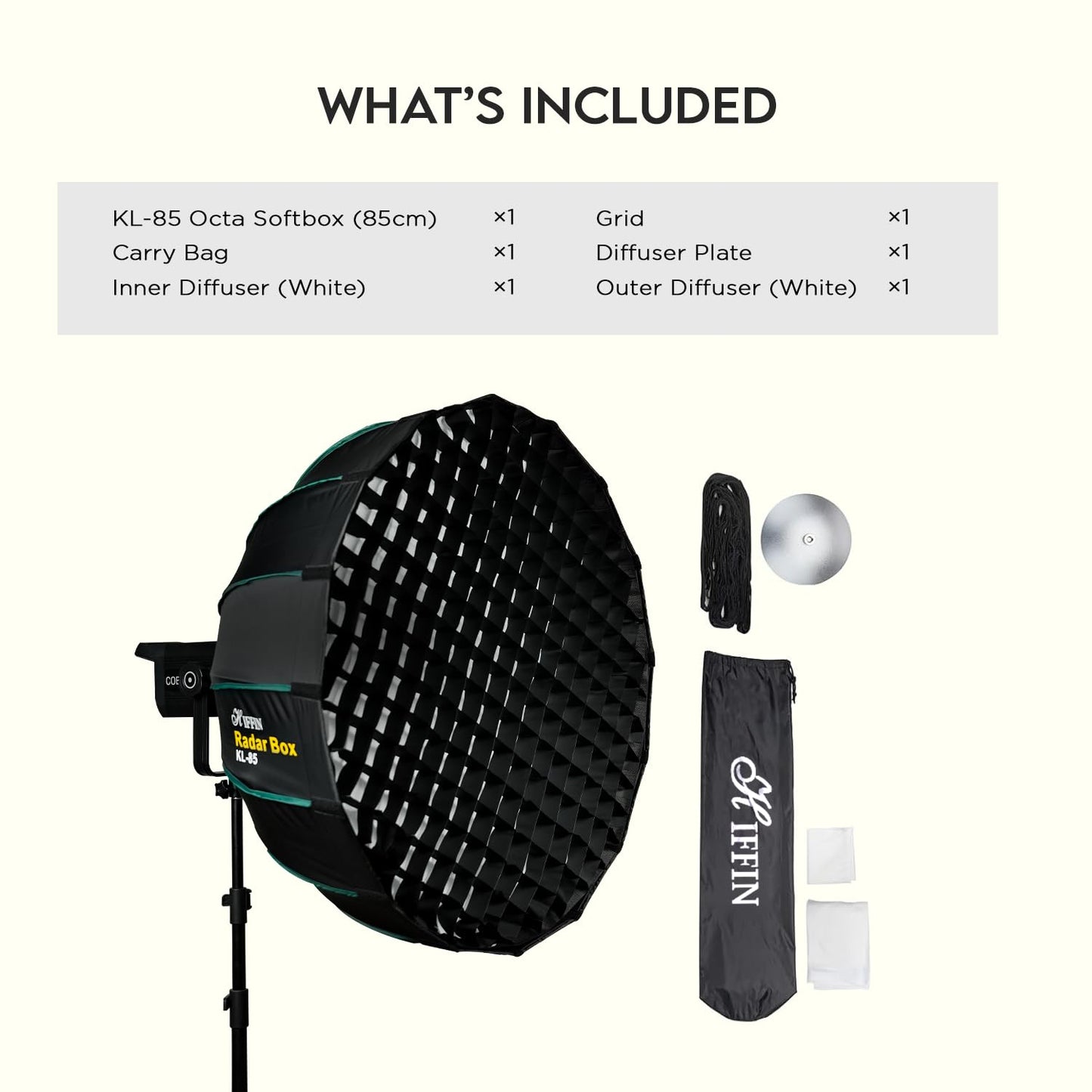 HIFFIN KL-85 (85cm) Octagonal Softbox Quick Release | Bowens Mount with Grid, 2 Diffusers & Beauty Dish | for Hiffin COB Lights & All Bowens Mount Studio Lights