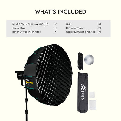 HIFFIN KL-85 (85cm) Octagonal Softbox Quick Release | Bowens Mount with Grid, 2 Diffusers & Beauty Dish | for Hiffin COB Lights & All Bowens Mount Studio Lights