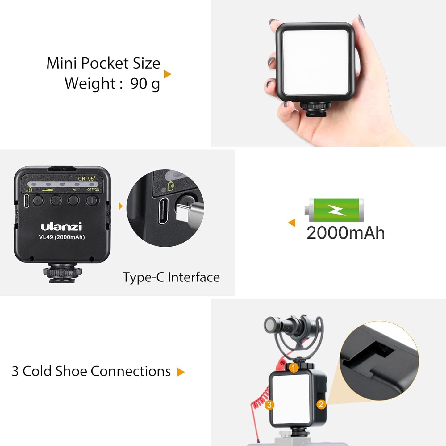 ULANZI VL49 2000mAh LED Video Light 3 Cold Shoe Mounts, Soft Light Panel for DJI OSMO Mobile 3 Pocket Zhiyun Smooth 4 Sony RX100 VIICanon G7X Mark III A6400 6600 GoPro 8 7 6 5 Vlog, Black