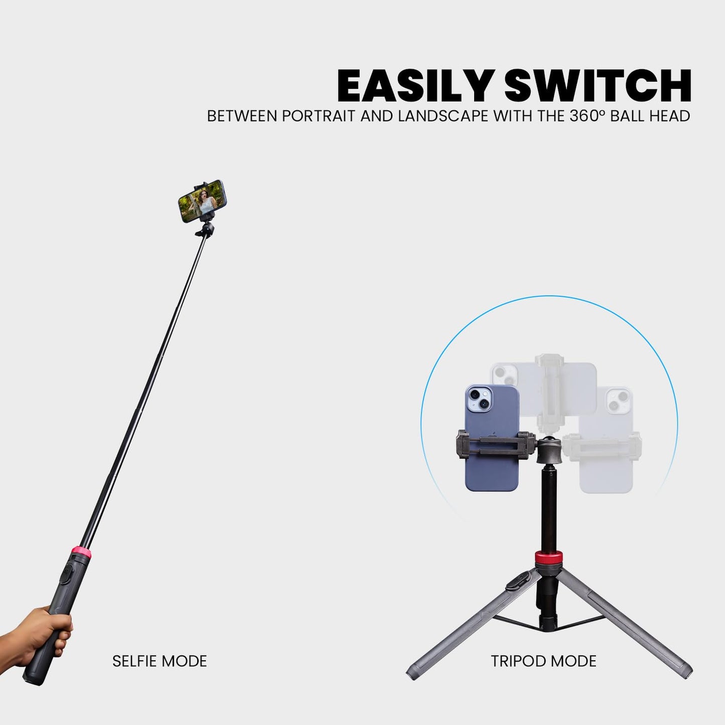 HIFFIN HTR-44 Extendable Phone Tripod with Bluetooth Button, 44" Selfie Stick Tripod Stand with 2 in 1 Phone Clip, 360° Ball Head Camera Tripod for Smartphones and Cameras, Lightweight for Travel