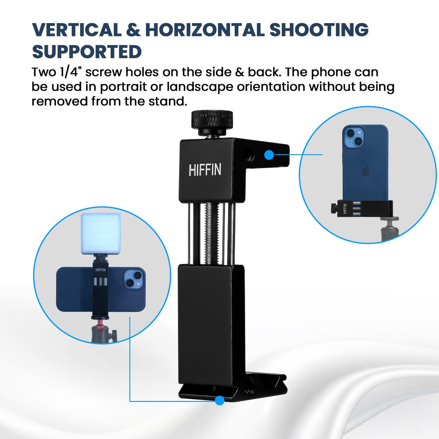 Hiffin HF-05 Aluminium Phone Tripod Mount with Cold Shoe, Adjustable Clamp for Vertical & Horizontal Shooting, Universal 1/4" Screw, Compatible with All Smartphones