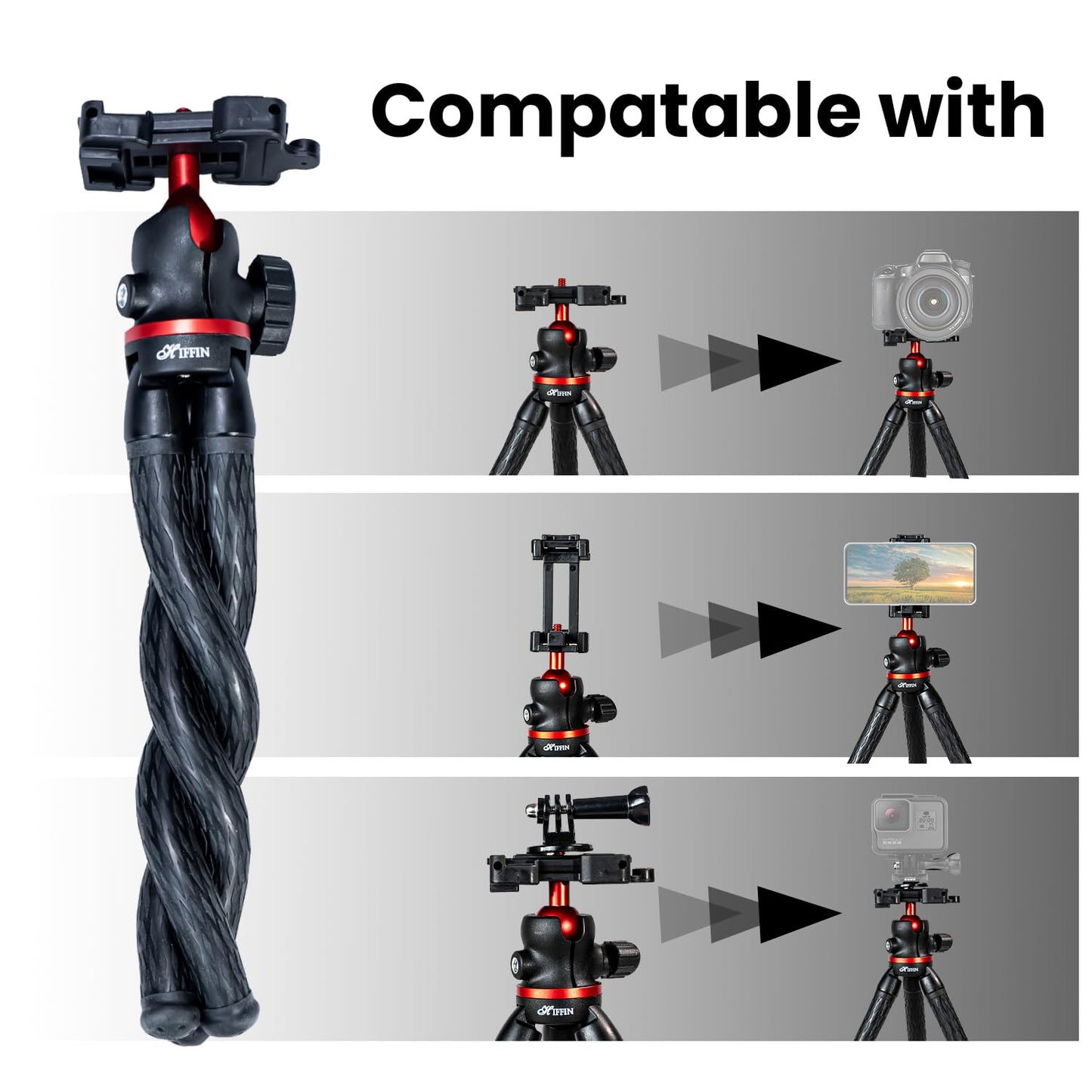 HIFFIN Htr-11 Flexible Gorilla Tripod for Cameras, Smartphones & Action Camera | Camera Tripod with Phone Holder | Portable & Lightweight, Ideal for Vlogging, Photography, and Outdoor Adventures