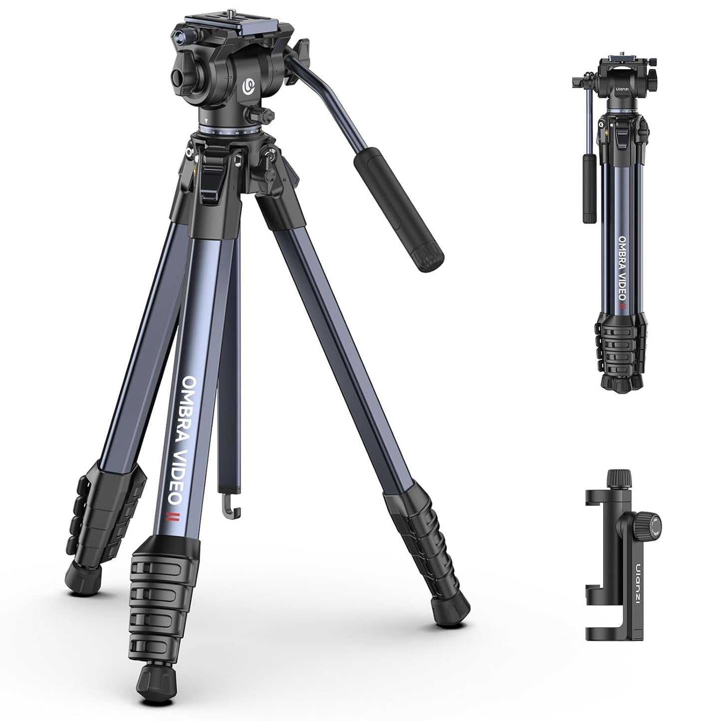 ULANZI Ombra Video Ⅱ Camera Tripod with Fluid Head, 61.5" Travel Tripod with 360° Rotated Arca Quick Release Plate, Portable Stand for Phone Camera Vlogging Video Shooting with Carry Bag Phone Clamp